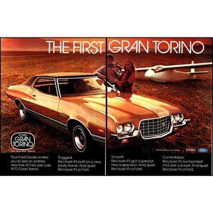 1972 Ford Gran Torino Hardtop 2 Page Vintage Print Ad White Glider Plane Art